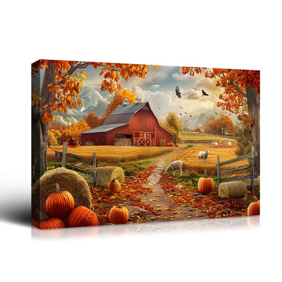 Looife Autumn Farmhouse Canvas Wall Art - Red Barn, Pumpkins & Fall Foliage Scene, Rustic Country Home Decor