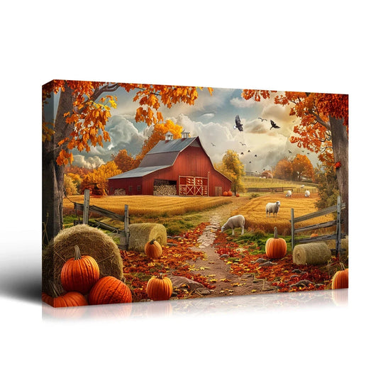 Looife Autumn Farmhouse Canvas Wall Art - Red Barn, Pumpkins & Fall Foliage Scene, Rustic Country Home Decor Good Vibrations