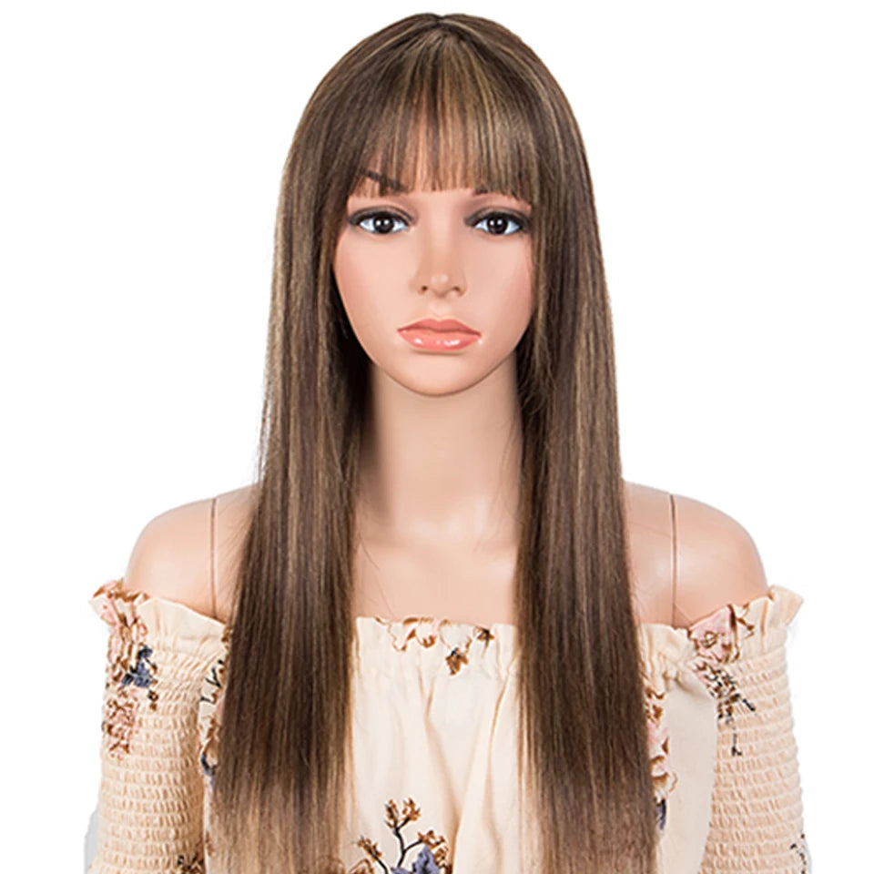 Lekker Highlight Brown Blonde 613 Straight Human Hair Wig With Air Bangs For Women Brazilian Remy Hair Colored Glueless Wigs Good Vibrations