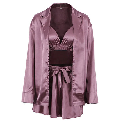Enyami Elegant Spring Autumn Sexy Fashion Romantic Pajama 3 Piece Bra Blouse Shorts Satin Sleepwear Women Set Good Vibrations