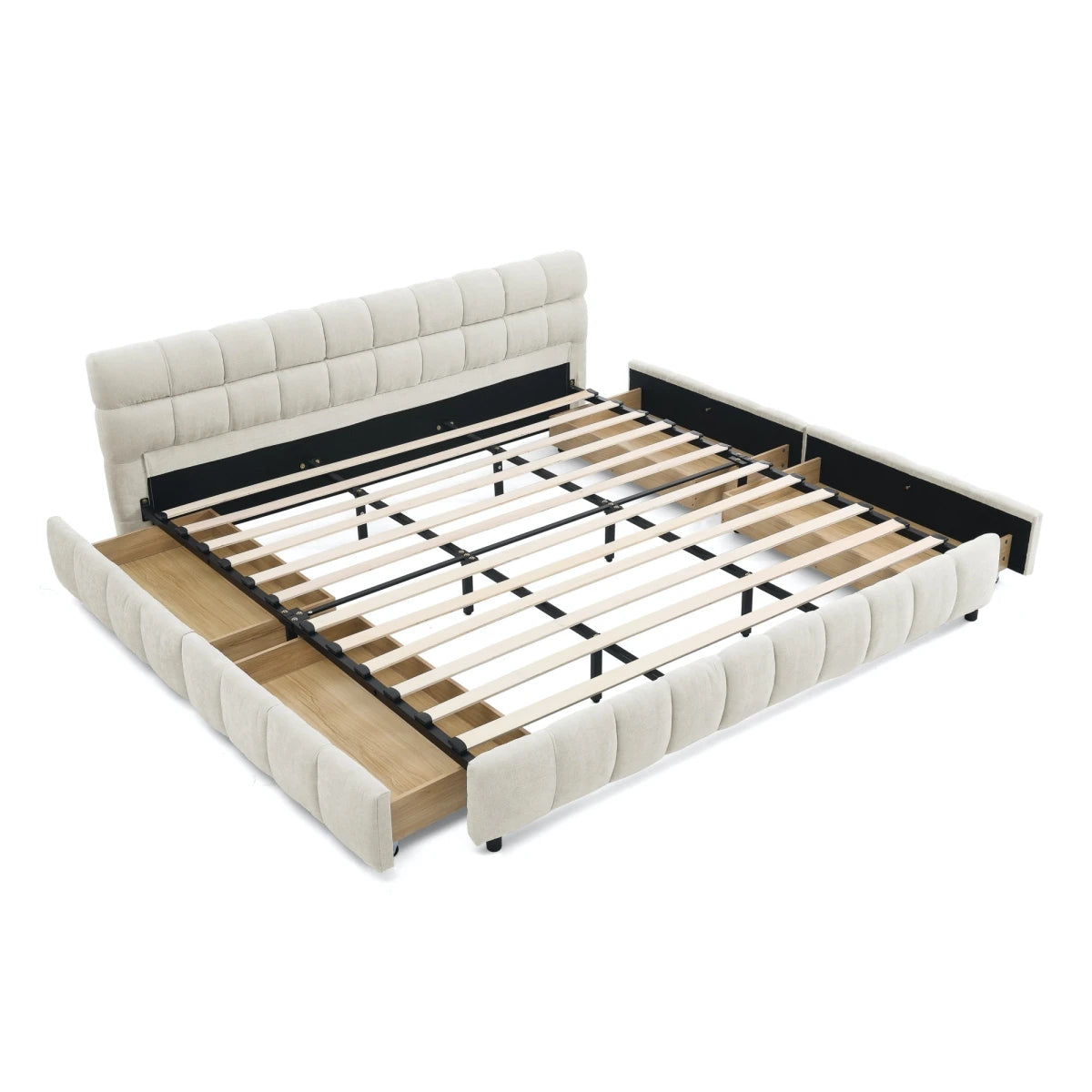 Modern Tufted Upholstered Wood Bed Frame with Storage Drawers Soft Bedroom Furniture Good Vibrations
