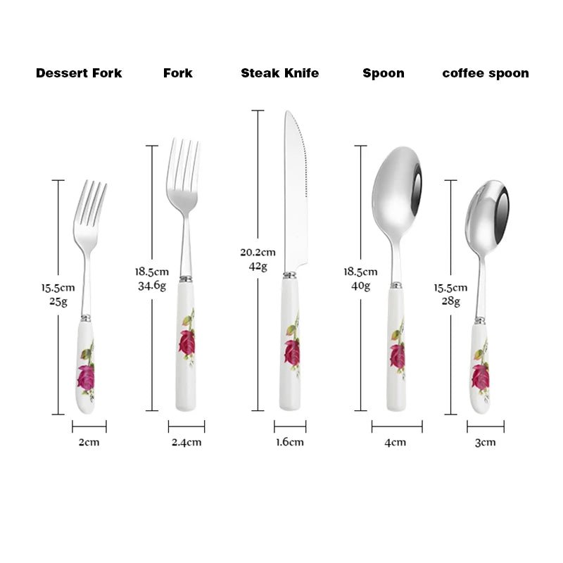 Ceramic Handle Tableware Set Stainless Steel Cutlery Set Steak Knife Fork Coffee Spoon Dessert Dinnerware Rose Flowers Pattern Good Vibrations