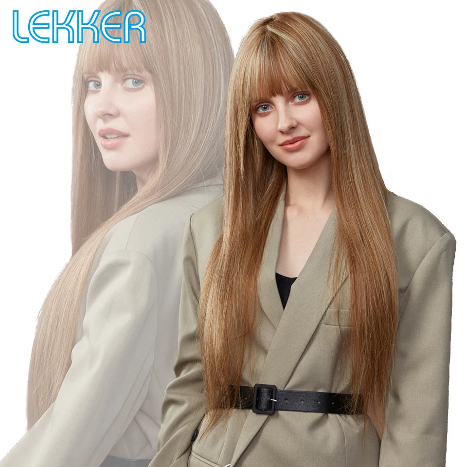 Lekker Highlight Brown Blonde 613 Straight Human Hair Wig With Air Bangs For Women Brazilian Remy Hair Colored Glueless Wigs Good Vibrations