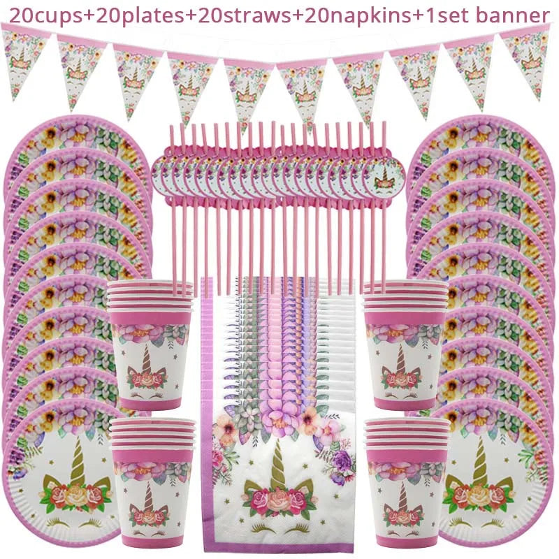 Unicorn Decoration Birthday Party Decor Kids Unicorn Disposable Tableware set Unicornio Baby Shower Girl Birthday Party Supplies Good Vibrations