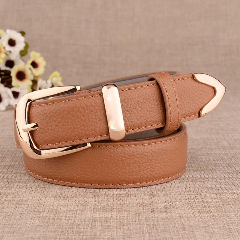 Fashion Women Leather Belts High Quality Gold Buckle Best Matching Dress Jeans Belts for Lady LB2146 Good Vibrations