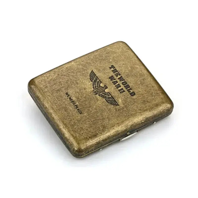 Vintage metal cigarette case with classic design, holds 20 cigarettes, perfect gift accessory for men.