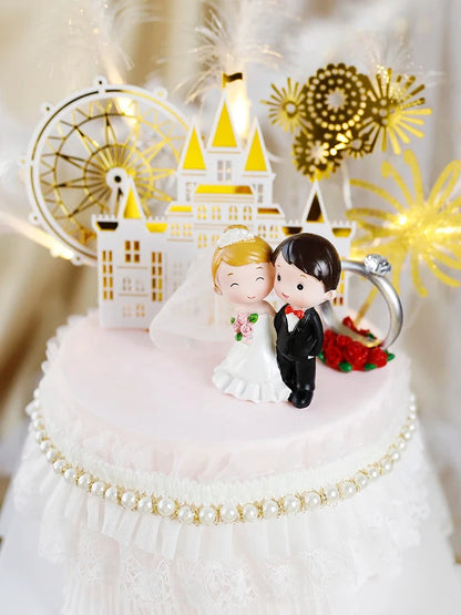 Happy Wedding  Anniversary Gold Castle Acrylic Cake Toppers  Bride Groom Mr Mrs Wedding Diamond Ring Cake Supplies Decoration Good Vibrations