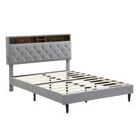 Queen-Size Upholstered Platform Bed Frame with a Modern Button-Tufted Linen Fabric Headboard,USB Ports Good Vibrations