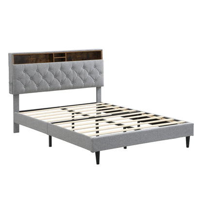 Queen-Size Upholstered Platform Bed Frame with a Modern Button-Tufted Linen Fabric Headboard,USB Ports Good Vibrations