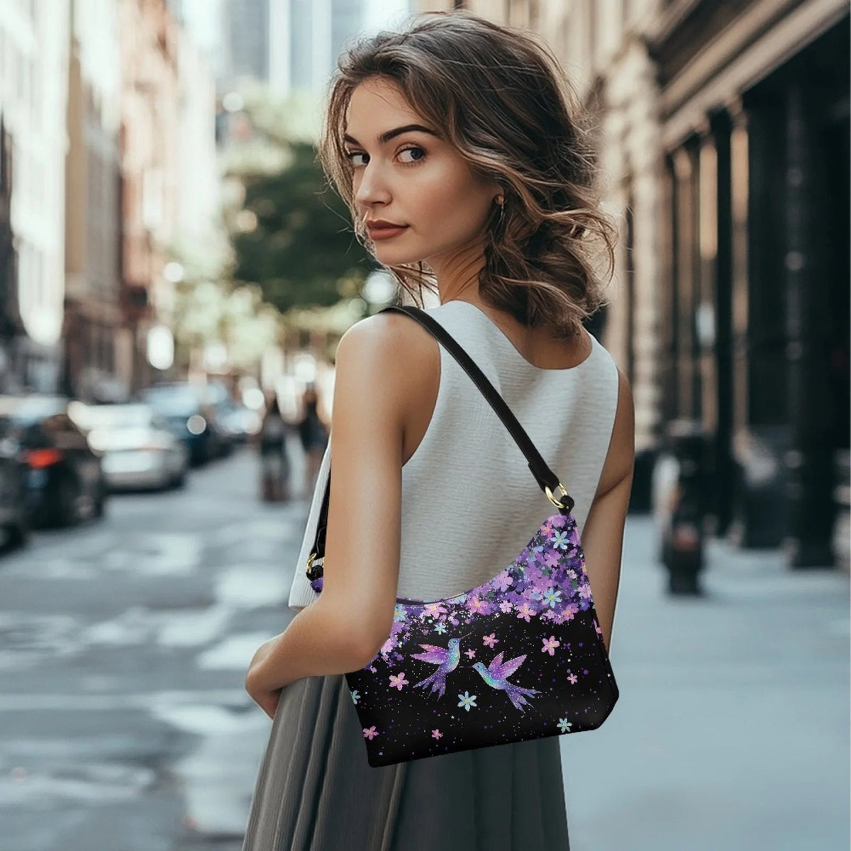 Nice Purple Flowers Birds Print Women's Single Shoulder Bag Fashionable Underarm Design Zip Portable All-Match Mother's Day Gift Good Vibrations