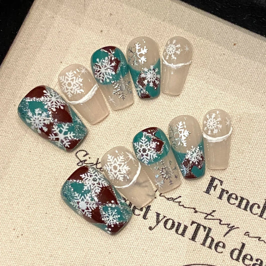 2491Christmas nails 10pcs fake nails Short coffin Hand-painted Christmas snowflakes Handmade Press-on Nails For fingers Good Vibrations