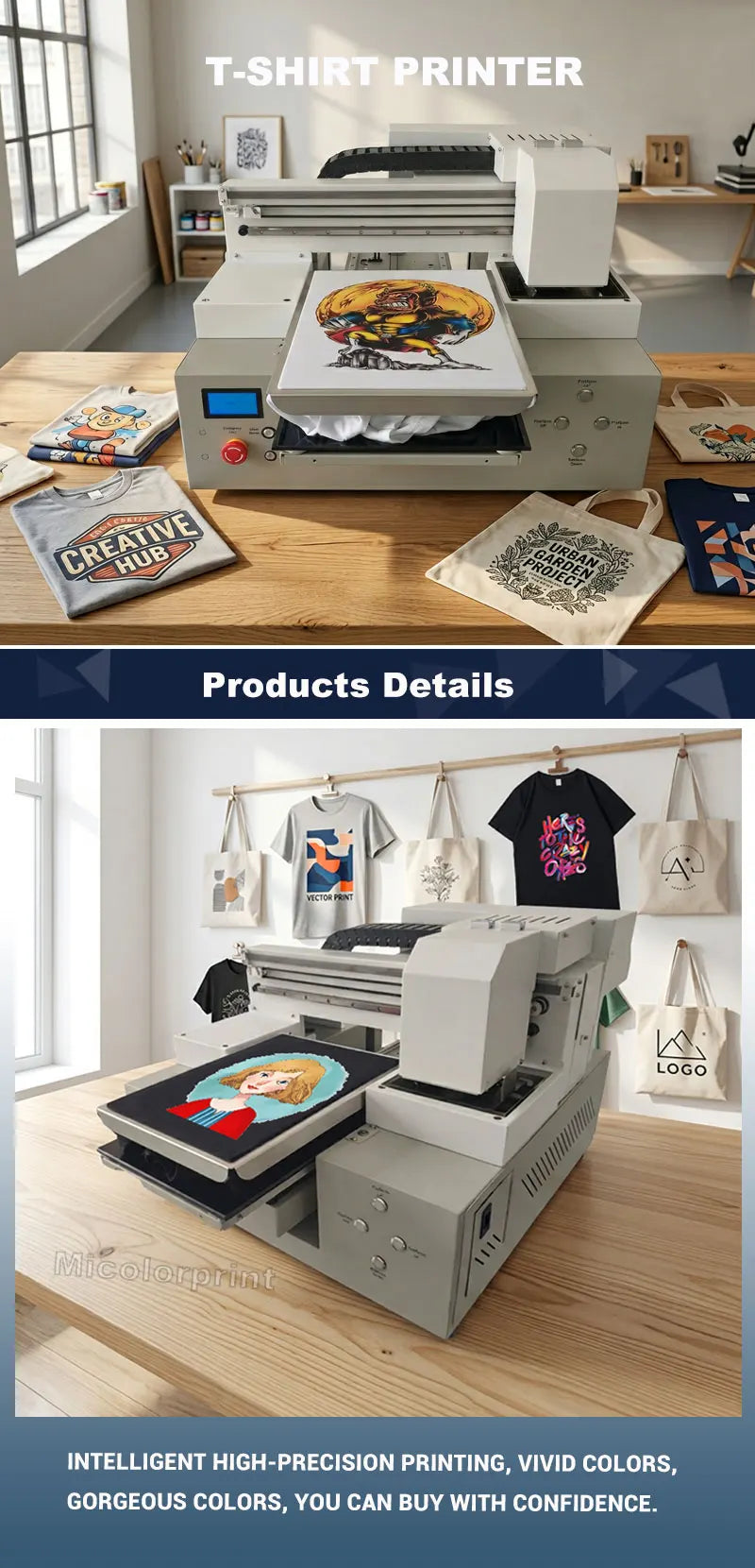 Micolorprint High Quality Inkjet Flatbed Printer with White Ink Circulation Automatic T-Shirt Printing Machine Good Vibrations