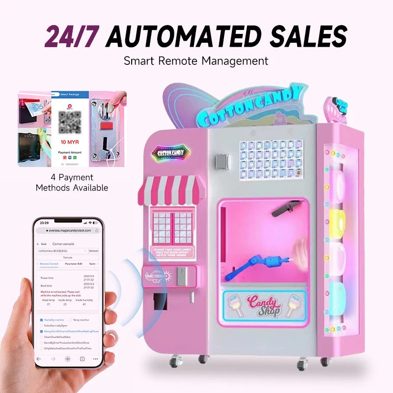 JoyFunplay Factory Custom OEM Flower Make Cotton Candy Vending Machine fairy Floss Maker Combo Candy Snack Vending Machine Good Vibrations