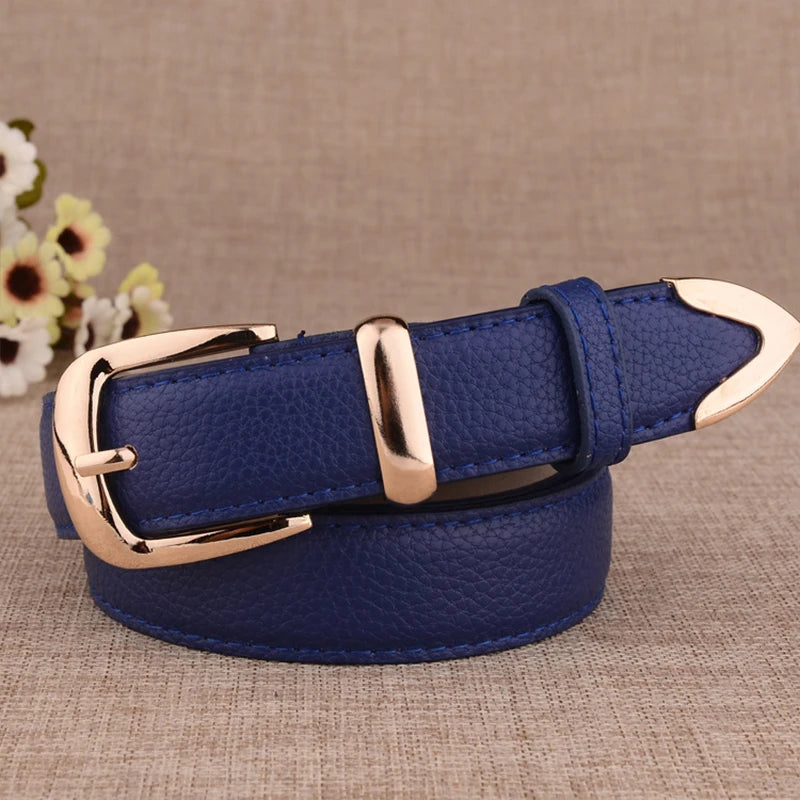 Fashion Women Leather Belts High Quality Gold Buckle Best Matching Dress Jeans Belts for Lady LB2146 Good Vibrations