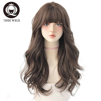 7JHHWIGS Long Wavy Synthetic Black Wigs For Women With Fringe Fashion Heat Resistant Mid-Length Daily Straight Light Brown Hair Good Vibrations