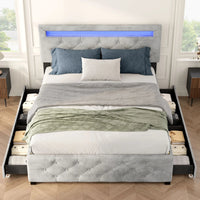 Luxe Velvet Platform Bed Frame with LED Headboard, 4 Storage Drawers, Adjustable Height, No Box Spring Needed, Queen Good Vibrations