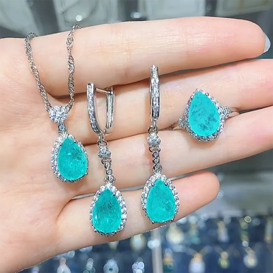 Luxury Wedding Silver Color Accessories Set For Bride Simulated Paraiba Water Drop Tourmaline Ring Necklace Earring Jewelry Set Good Vibrations