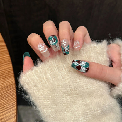 2491Christmas nails 10pcs fake nails Short coffin Hand-painted Christmas snowflakes Handmade Press-on Nails For fingers Good Vibrations
