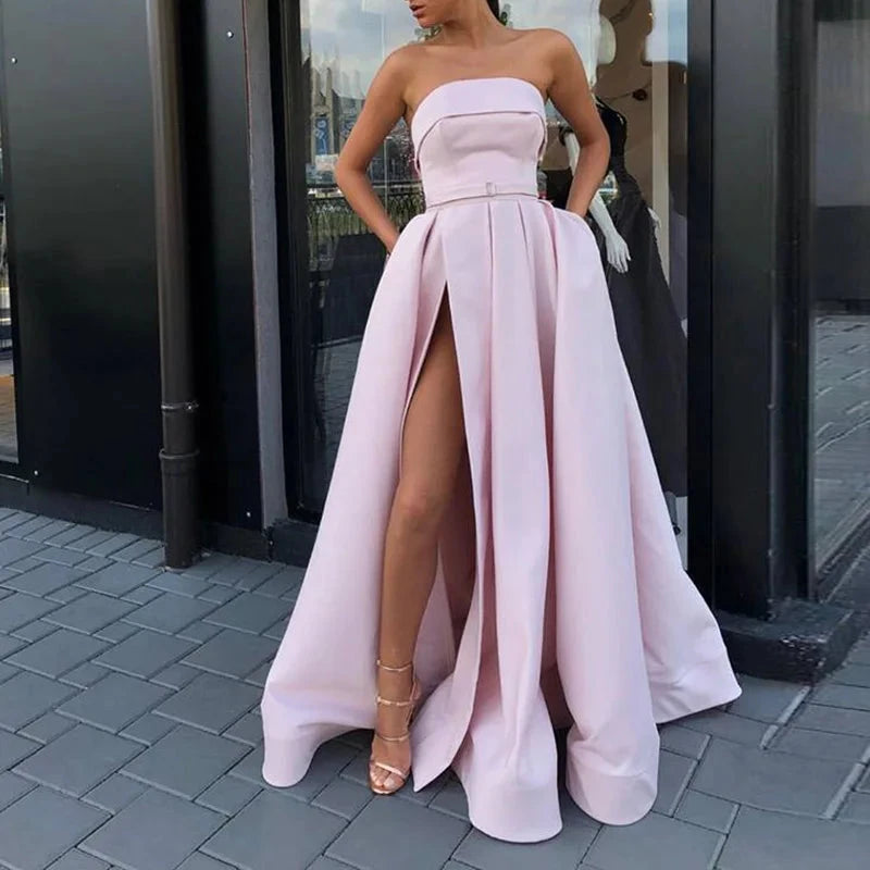 EV005 Evening Prom Party Dresses Vestido De Festa Gown Robe De Soiree pink Satin Sexy Strapless Long Gown Formal Dress Good Vibrations