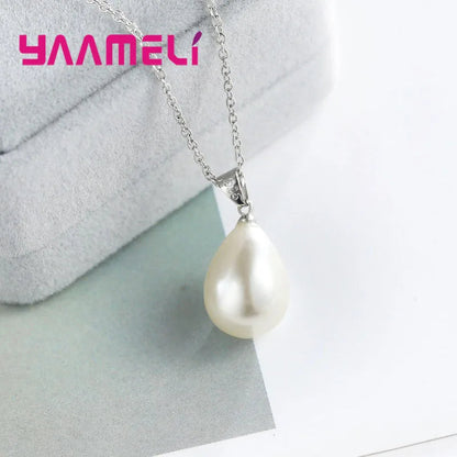 925 Sterling Silver Color Pearl Pendant Necklace Loop Hoop Earrings White Teardrop Women Girls Wedding Party Nice Gifts Good Vibrations Adult Super Store