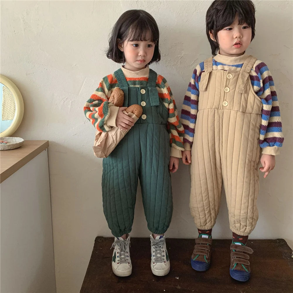 2021 Autumn Winter unisex solid color quilted overalls Korean style boys and girls warm thick casual suspender trousers 2-6Y Good Vibrations
