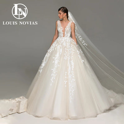 LOUIS NOVIAS  Wedding Dress For Women Elegant Backless Beaded Flowers Embroidery Sleeveless Wedding Gown Vestidos De Novia