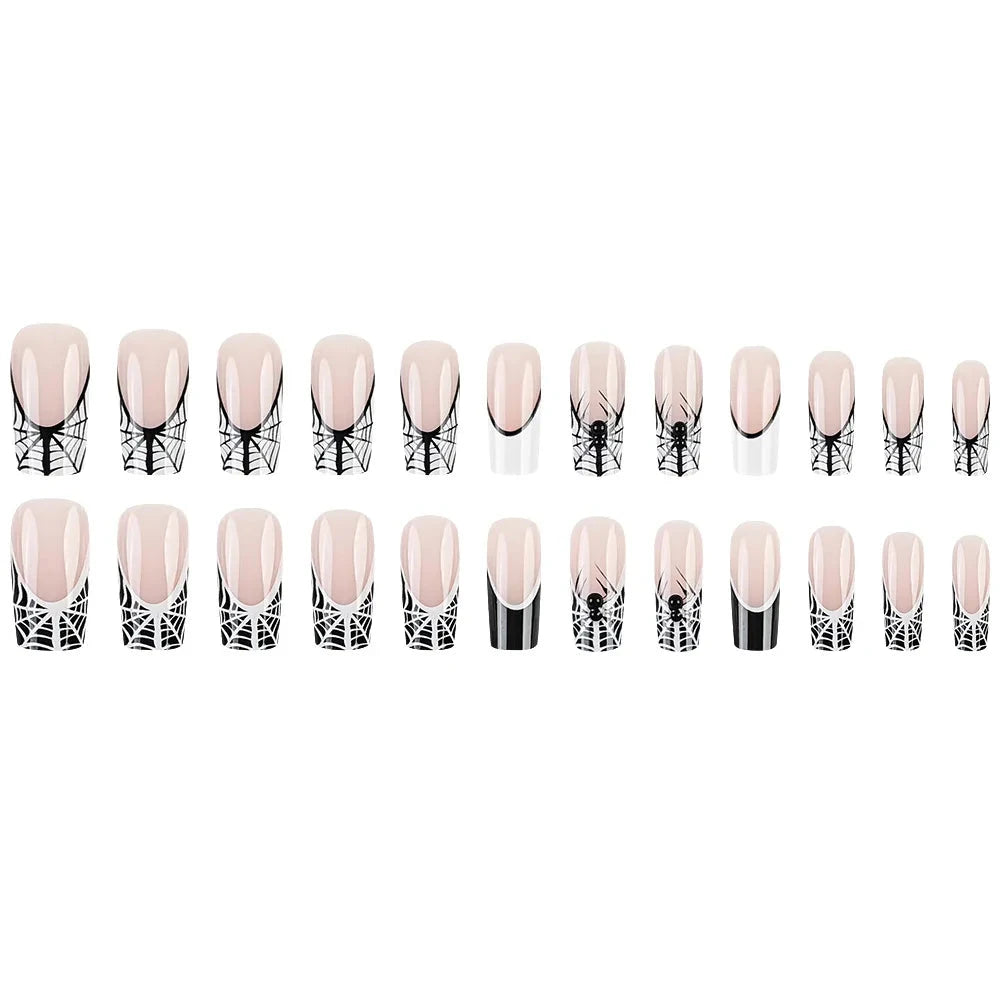 Cross-Border New Black White French Manicure Spider Web Diamond-Encrusted Halloween Wearable Artificial Fingernails Finished Good Vibrations