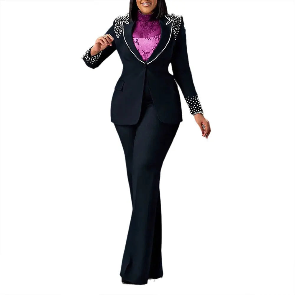Ohsisa Women Set   Pearl Long-Sleeved Slim Stretch Suit Two-Piece Set Crocheted Top Bow Collar Knee Length  Suit Good Vibrations