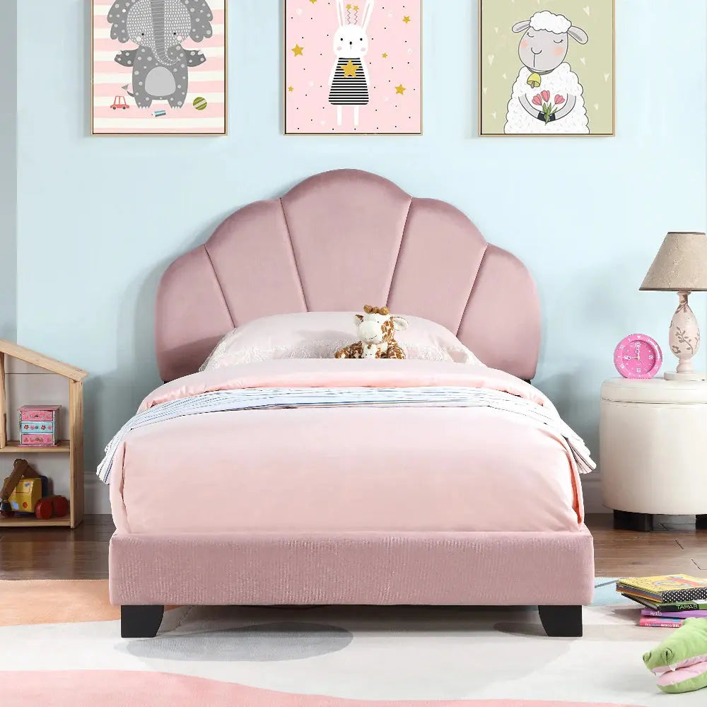 Upholstered Twin Size Platform Bed for Kids, Wooden Bed Frame with Slatted Bed Base, Cute Bed Frame with Shell Design Headboard Good Vibrations