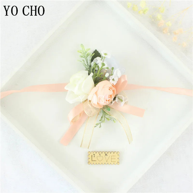 Wedding Groom Boutonniere Bride Bridesmaid Women Hand Wrist Flower Silk Rose Boutonniere Buttonhole for Marriage Party Flower Good Vibrations