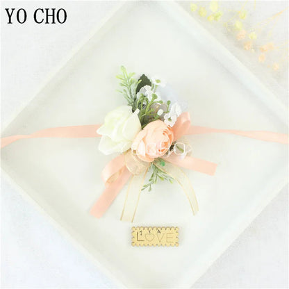 Wedding Groom Boutonniere Bride Bridesmaid Women Hand Wrist Flower Silk Rose Boutonniere Buttonhole for Marriage Party Flower Good Vibrations