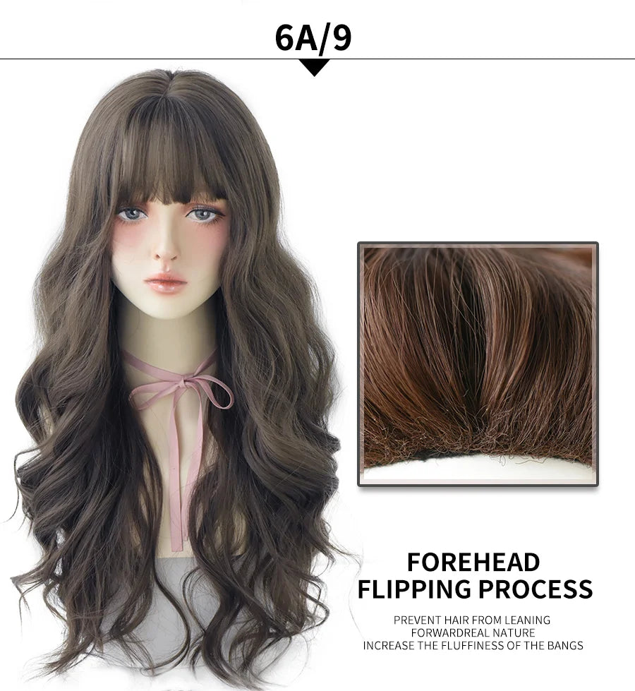 7JHHWIGS Long Wavy Synthetic Black Wigs For Women With Fringe Fashion Heat Resistant Mid-Length Daily Straight Light Brown Hair Good Vibrations
