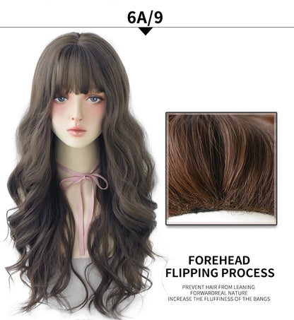 7JHHWIGS Long Wavy Synthetic Black Wigs For Women With Fringe Fashion Heat Resistant Mid-Length Daily Straight Light Brown Hair Good Vibrations