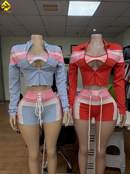 Custom Logo Women Set Short Pants and Sports Bra Crop Jacket Tracksuit Loungewear Women 3 Piece Shorts Pants Set  for Elasticity Good Vibrations