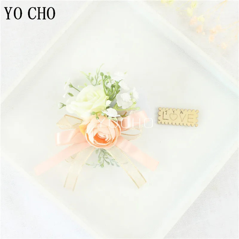 Wedding Groom Boutonniere Bride Bridesmaid Women Hand Wrist Flower Silk Rose Boutonniere Buttonhole for Marriage Party Flower Good Vibrations