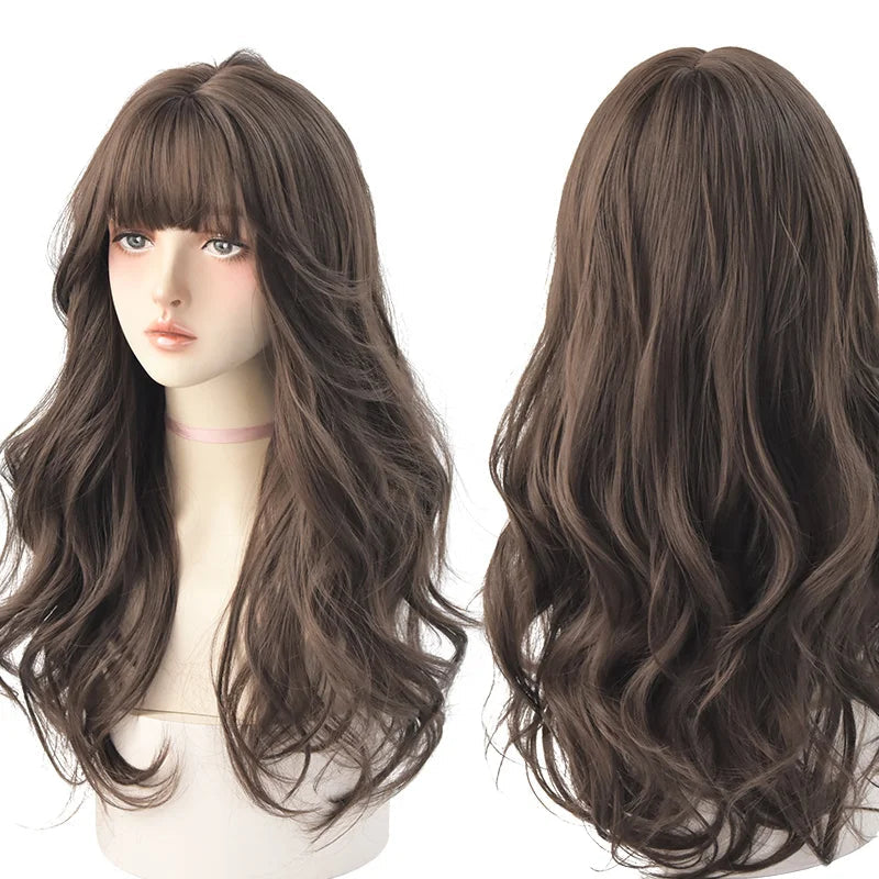 7JHHWIGS Long Wavy Synthetic Black Wigs For Women With Fringe Fashion Heat Resistant Mid-Length Daily Straight Light Brown Hair Good Vibrations