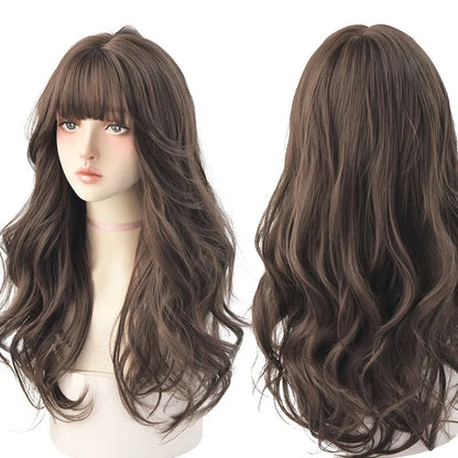 7JHHWIGS Long Wavy Synthetic Black Wigs For Women With Fringe Fashion Heat Resistant Mid-Length Daily Straight Light Brown Hair Good Vibrations