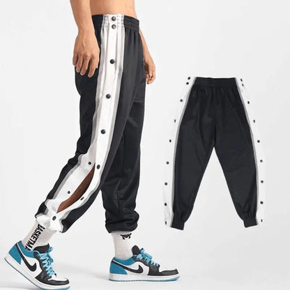 Harajuku Fashion Sports Men Pants Daily Outdoor Basketball Sweatpants Hollow Out Side Stripe Button Fly Design Creative Trousers Good Vibrations