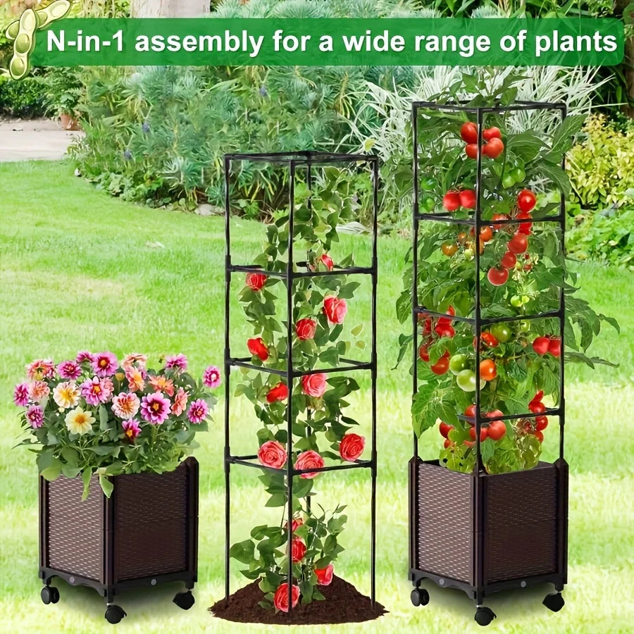 Raised Garden Bed Planter Box with Trellis,Self-Watering Tomato Cage Planters for Garden Climbing Plants Vegetable Vine Flower Good Vibrations