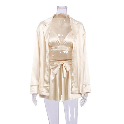 Enyami Elegant Spring Autumn Sexy Fashion Romantic Pajama 3 Piece Bra Blouse Shorts Satin Sleepwear Women Set Good Vibrations
