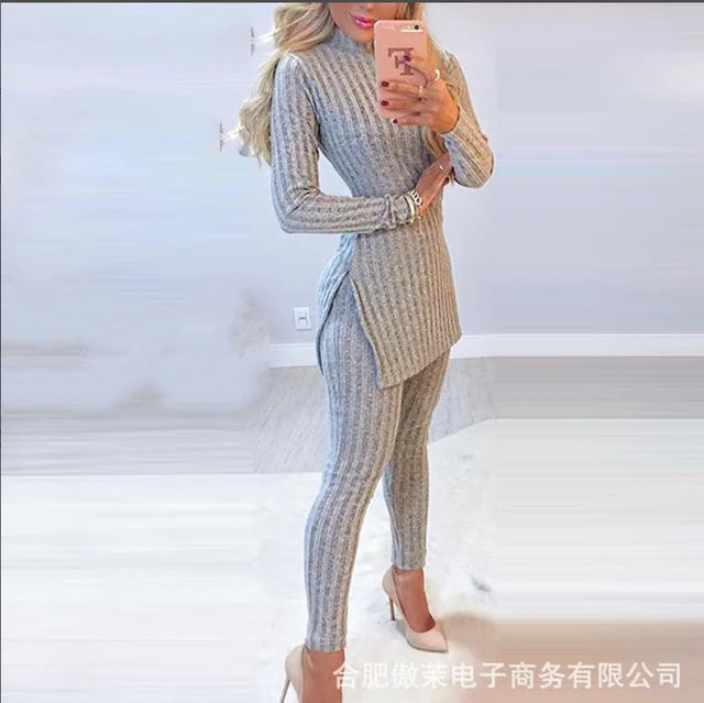 2023 Fashion New Two-piece Set High-necked Long-sleeved Tops Pocket Pants Casual Autumn Winter Sweater Women's Trousers Suit Good Vibrations