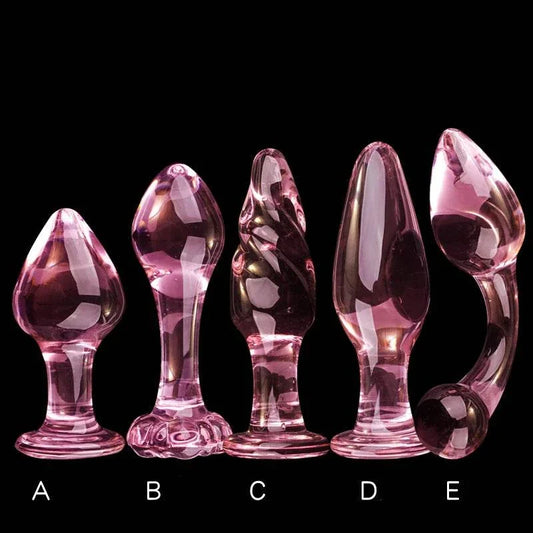 Candiway pink crystal glass anal plug set with five styles, erotic toys for couples.