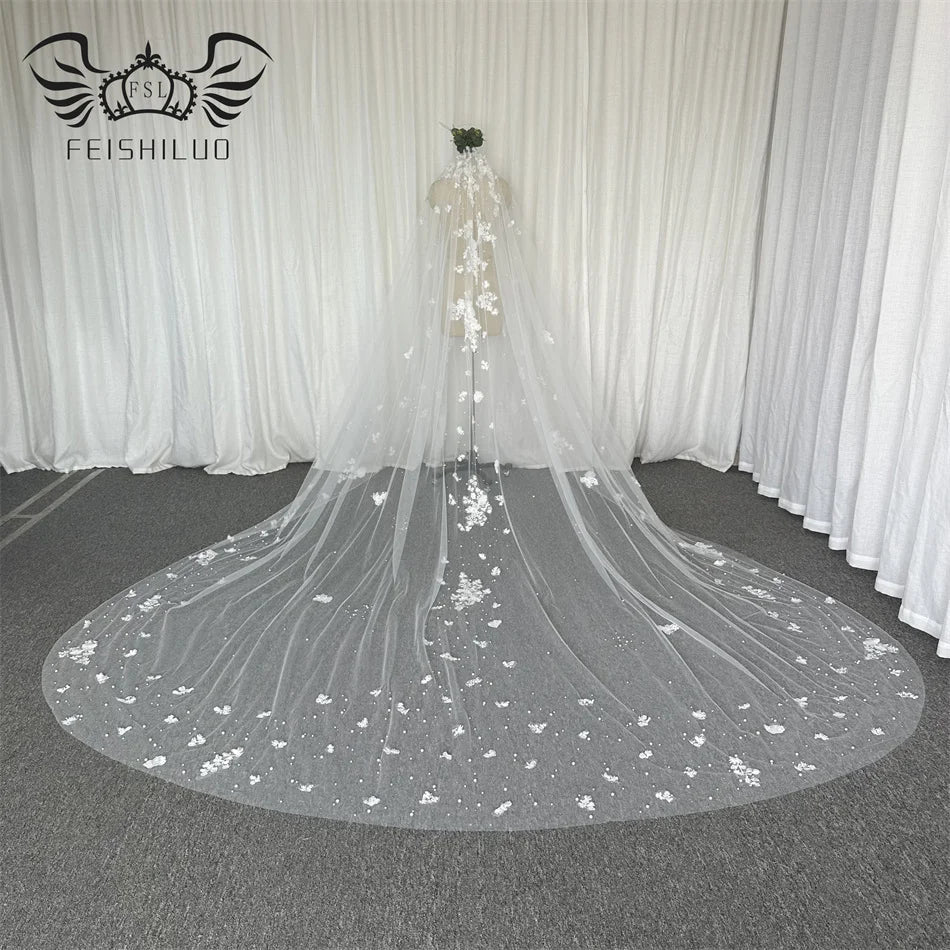 Feishiluo Luxury One-Layer 350 cm Long Cathedral Full Flower Lace Wedding Veil Comb Bead Diamond Bridal Veil Good Vibrations