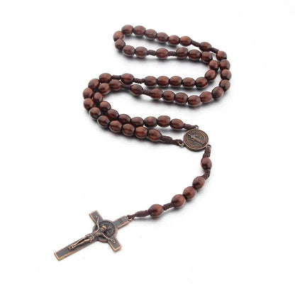 Jesus Cross Pendant Necklace Catholic Rosary Christian Religious Cross Hand Made Wooden Beads Exorcism Necklace Vintage Jewelry Good Vibrations