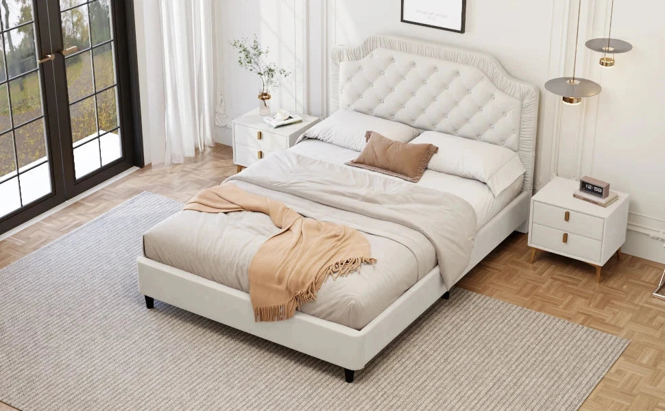 King Size Upholstered Bed With Ruched and Button Tufted Headboard No Box Spring Needed in White Color Good Vibrations