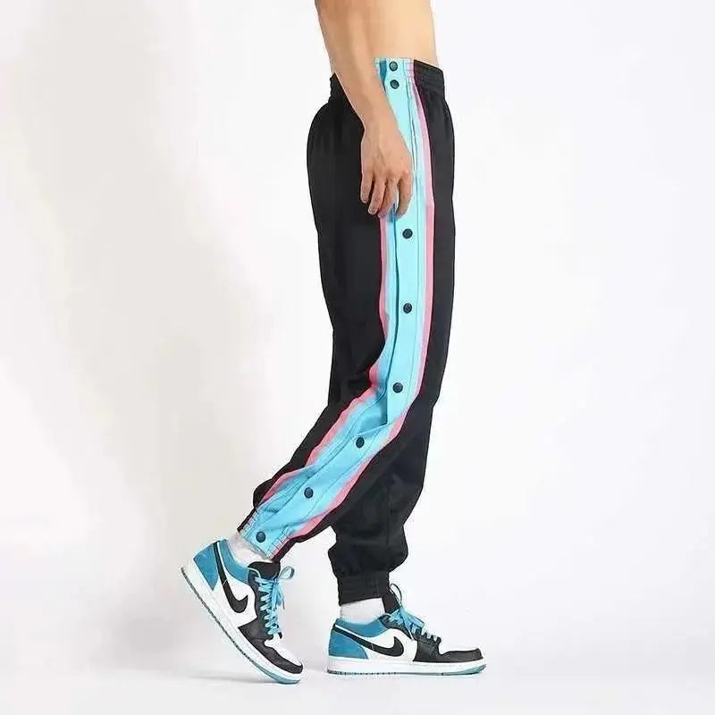 Harajuku Fashion Sports Men Pants Daily Outdoor Basketball Sweatpants Hollow Out Side Stripe Button Fly Design Creative Trousers Good Vibrations