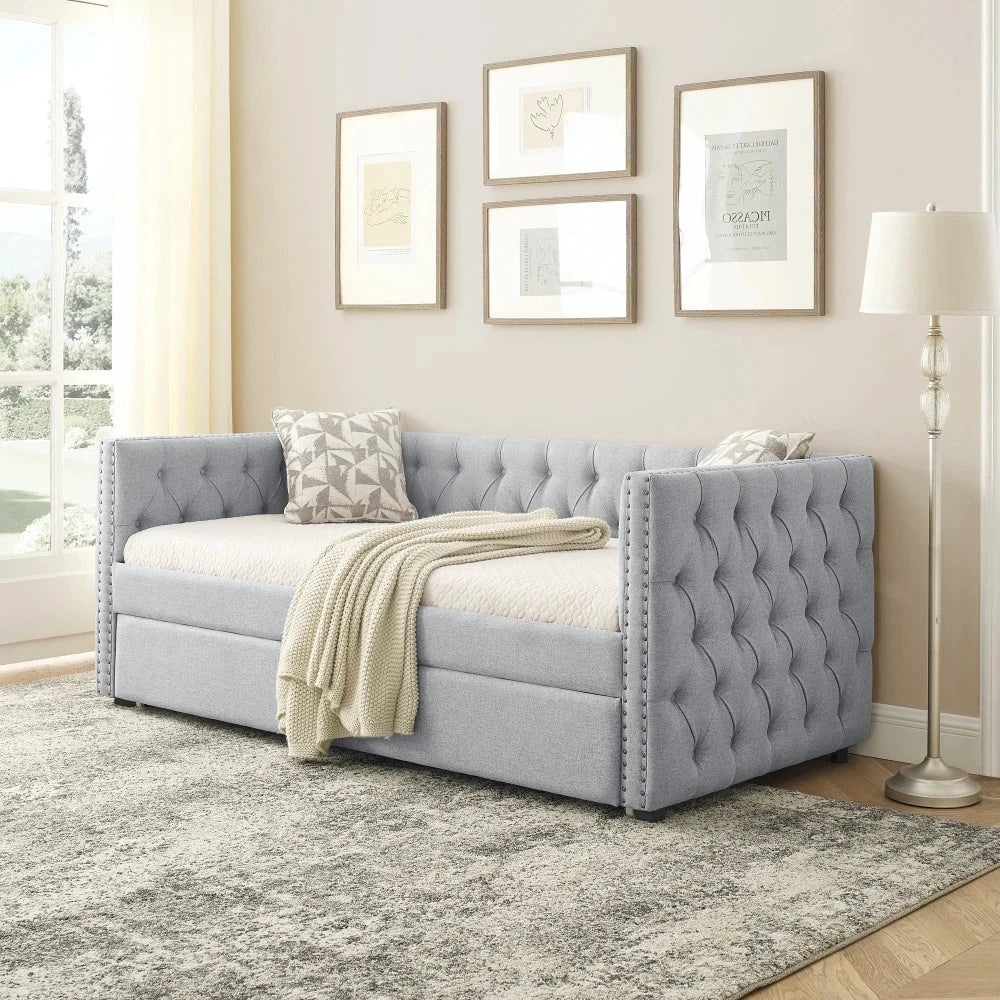 Daybed with Trundle Upholstered Tufted Extendable Sofa Bed with Button and Copper Nail on Square Arms Good Vibrations
