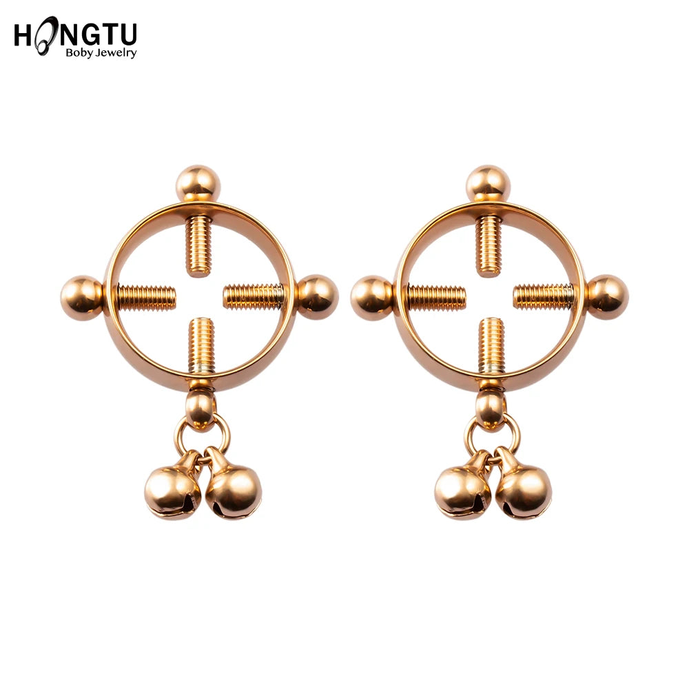 2PCS Screw Bell Pendant Fake Nipple Ring Women Stainless Steel Fashion Piercing Jewelry Body Jewelry Round Nipple Piercings Bar Good Vibrations