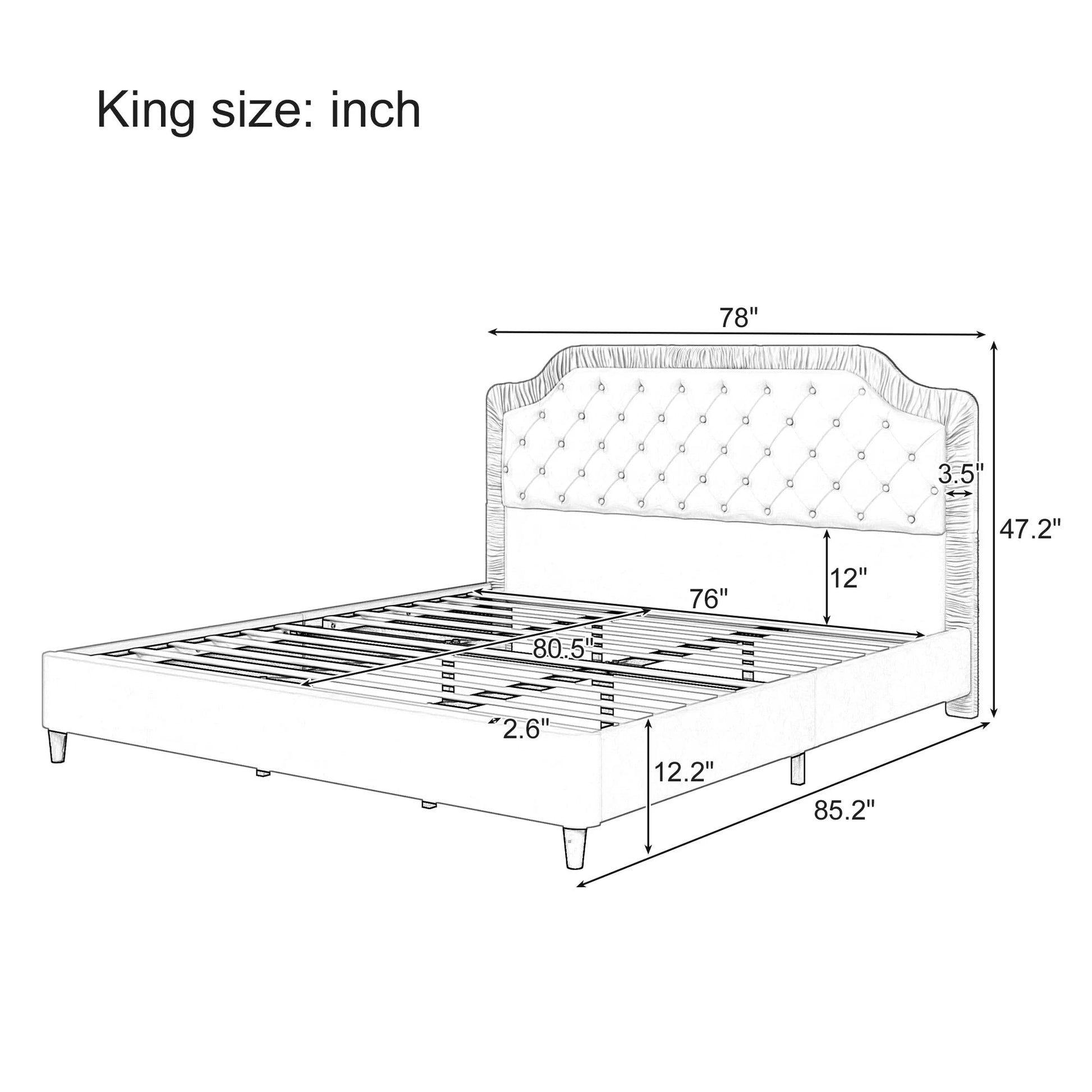 King Size Upholstered Bed With Ruched and Button Tufted Headboard No Box Spring Needed in White Color Good Vibrations