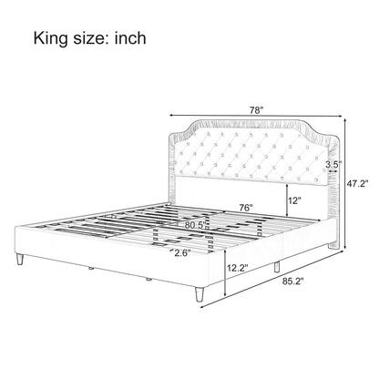 King Size Upholstered Bed With Ruched and Button Tufted Headboard No Box Spring Needed in White Color Good Vibrations